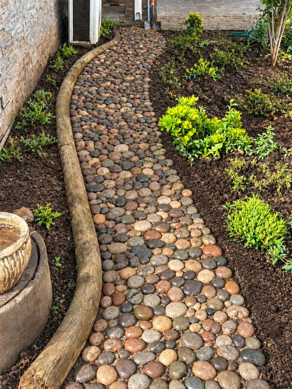 Sendero de piedras con plantas nuevas